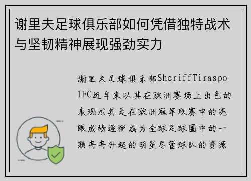 谢里夫足球俱乐部如何凭借独特战术与坚韧精神展现强劲实力