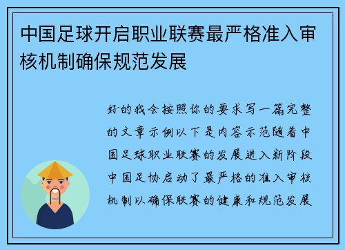 中国足球开启职业联赛最严格准入审核机制确保规范发展