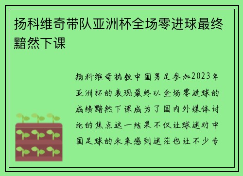 扬科维奇带队亚洲杯全场零进球最终黯然下课